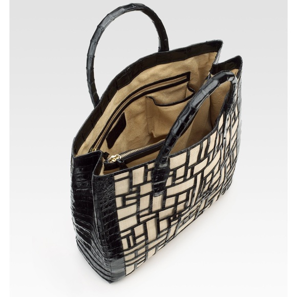 Nancy Gonzalez Black Crocodile and Linen Magazine Tote w/ detachable strap NWT - Picture 2 of 7